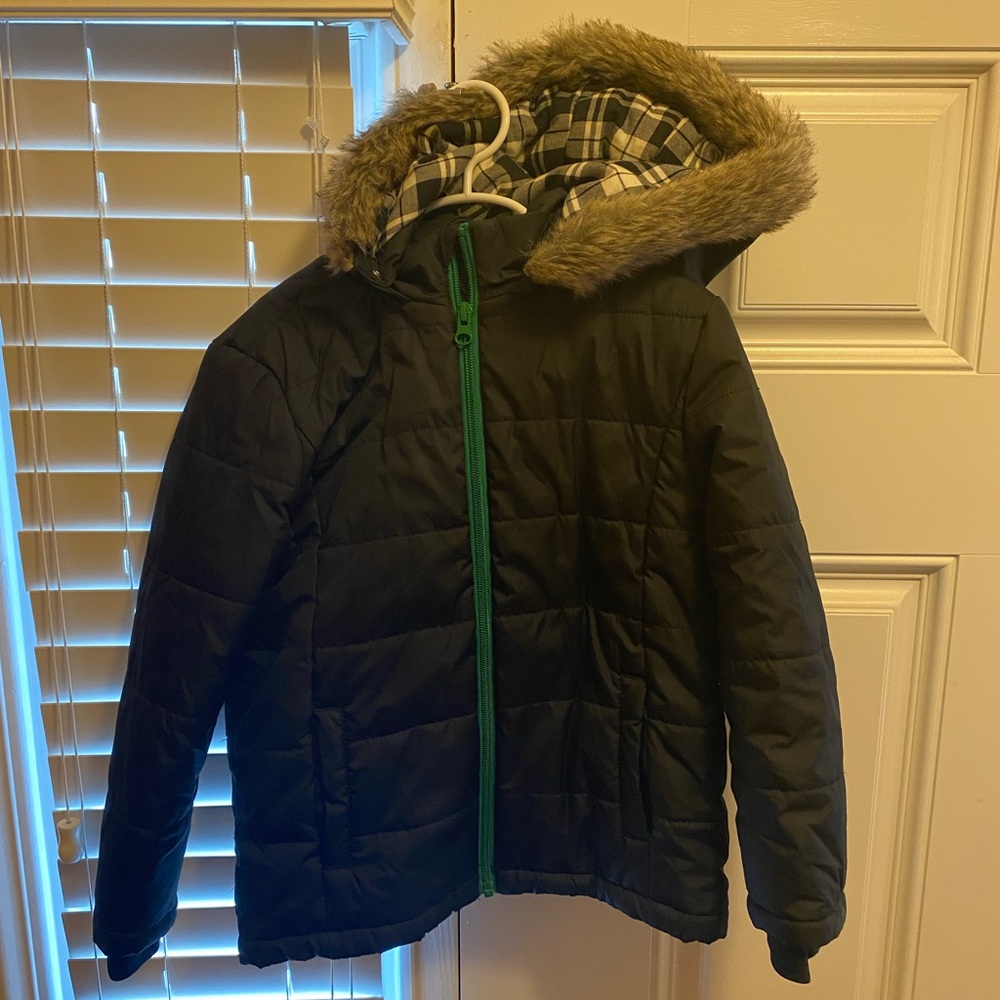 Janie and Jack Dark Puffer with Vibrant Green Zipper